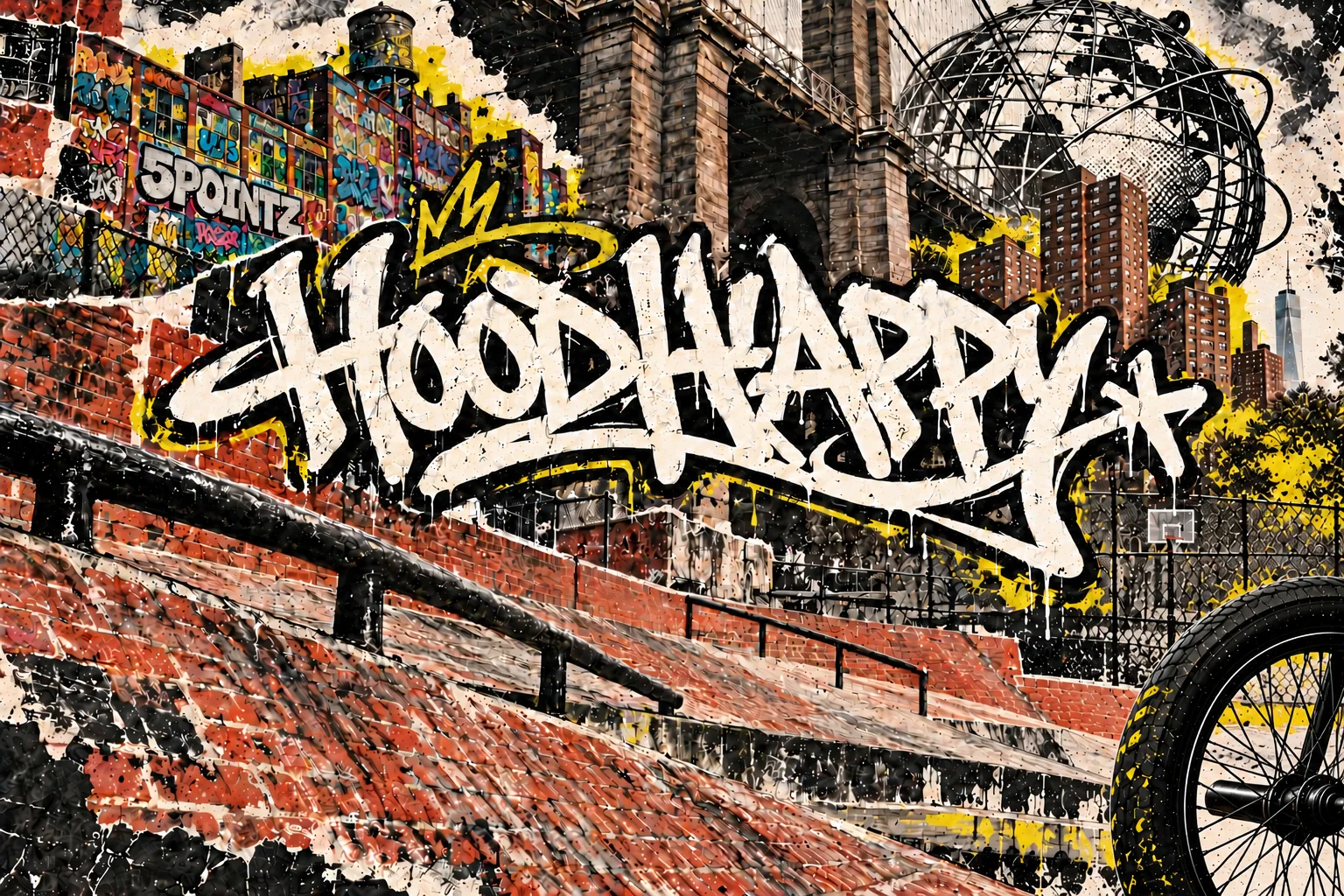 Custom HoodHappy graffiti artwork with the Brooklyn Banks, a cropped BMX wheel, 5Pointz, Brooklyn housing towers and the Unisphere