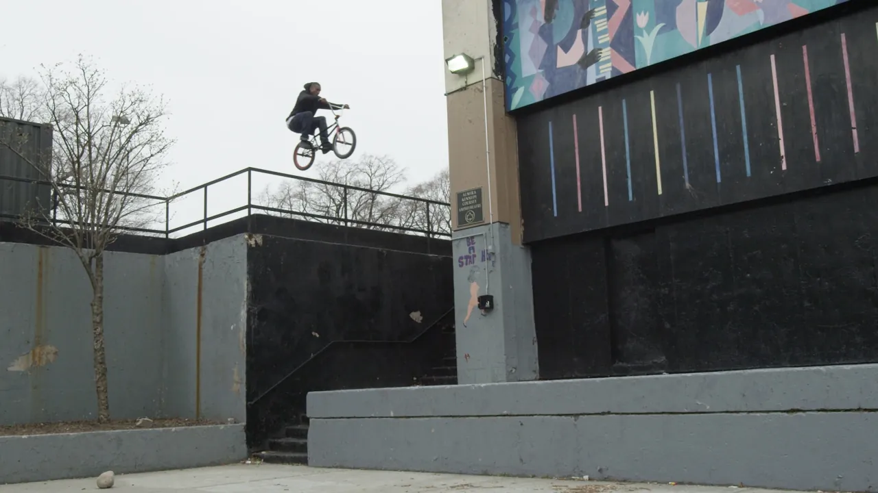 Desmond Rhodes airborne above a street rail in New York, from King of NYC Streets Part 2